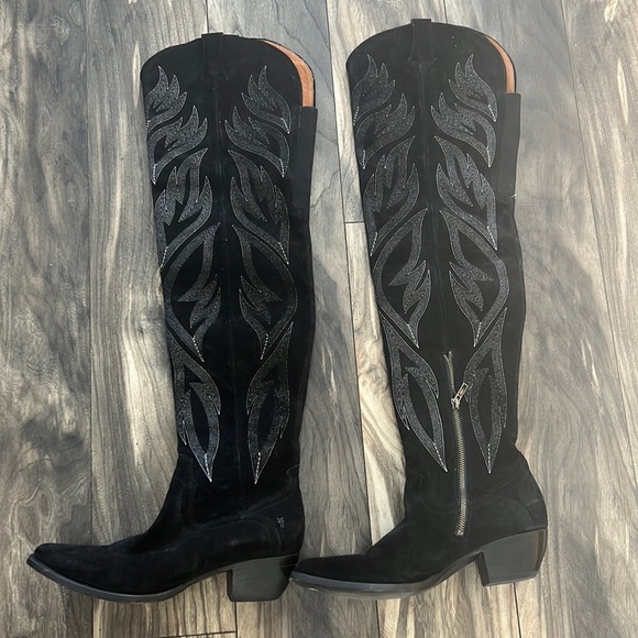 Frye Shane RARE Thigh High Cowboy Boots Black/White - Picture 1 of 5
